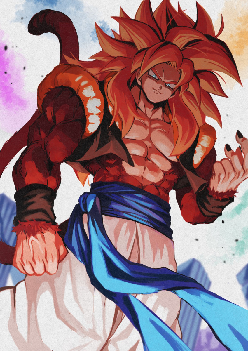 1boy abs biceps brown_fur dragon_ball dragon_ball_gt fusion_dance gogeta highres looking_down male_focus metamoran_vest monkey_boy monkey_tail muscle no_nipples pants redhead relio_db318 solo spiky_hair super_saiyan super_saiyan_4 tail white_pants