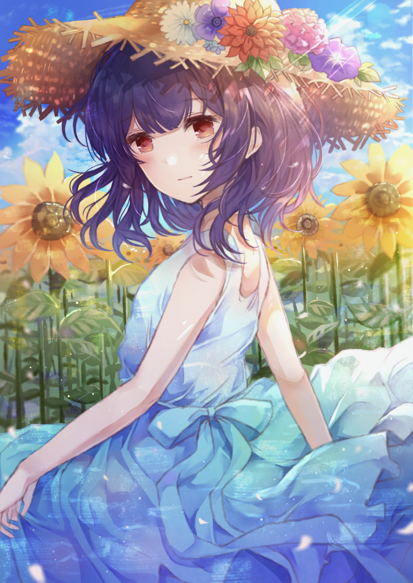 1girl absurdres blue_dress blue_sky blush curtsey dress dress_lift eyebrows_visible_through_hair field flower flower_field hair_between_eyes hair_flower hair_ornament hat highres huge_filesize idolmaster idolmaster_shiny_colors looking_at_viewer looking_to_the_side medium_hair morino_rinze multicolored multicolored_clothes multicolored_dress namamake open_mouth outdoors pinafore_dress purple_hair red_eyes sidelocks sky solo standing straw_hat sundress sunflower white_dress