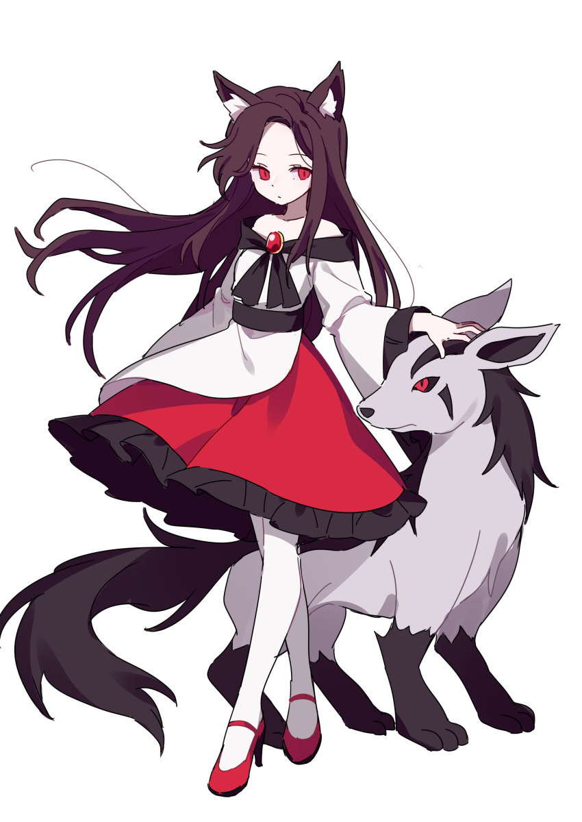 1girl absurdres animal_ear_fluff animal_ears brooch brown_hair closed_mouth dress expressionless floating_hair frilled_dress frilled_sleeves frills full_body gen_3_pokemon gla hand_on_another's_head high_heels highres imaizumi_kagerou jewelry long_hair long_sleeves mightyena off-shoulder_dress off_shoulder pantyhose pokemon pokemon_(creature) red_eyes red_footwear simple_background touhou white_background white_dress white_legwear wide_sleeves wolf_ears