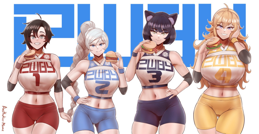 4girls aestheticc-meme ahoge animal_ears ass_visible_through_thighs bangs bare_shoulders bike_shorts black_hair blake_belladonna blonde_hair blue_eyes breasts cat_ears closed_mouth compression_sleeve elbow_pads english_text eyebrows_visible_through_hair food gloves gradient_hair grey_eyes hamburger hand_on_own_face high_ponytail highres holding holding_food large_breasts long_hair looking_at_viewer medium_breasts midriff multicolored_hair multiple_girls navel open_mouth ponytail redhead ruby_rose rwby short_hair shorts simple_background smile sports_bra sportswear sweatband teeth thigh_gap violet_eyes wavy_hair weiss_schnee white_hair yang_xiao_long yellow_eyes