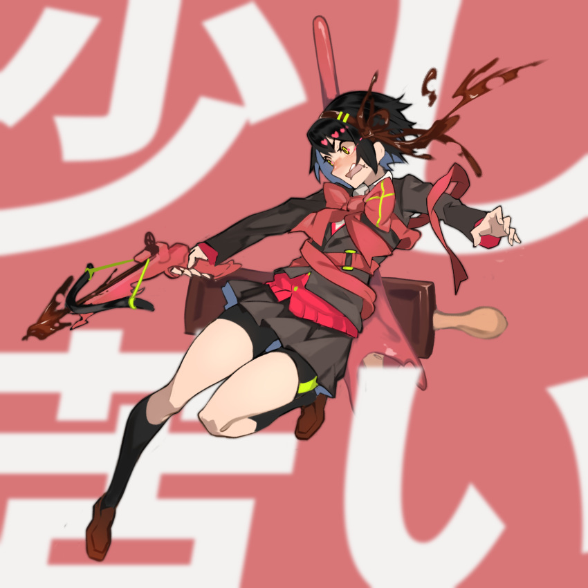 1girl absurdres balance_(superdust) bangs black_hair black_jacket black_legwear black_shorts blush bow bow_(weapon) bowtie brown_footwear candy chocolate collar collared_shirt crossbow food full_body grey_skirt hair_between_eyes hair_ornament highres holding holding_bow_(weapon) holding_weapon jacket kneehighs long_sleeves looking_away looking_down open_mouth original pink_background pink_vest red_bow school_uniform shirt shoes short_hair short_shorts shorts shorts_under_skirt simple_background skirt solo surprised valentine vest waistcoat weapon white_shirt yellow_eyes
