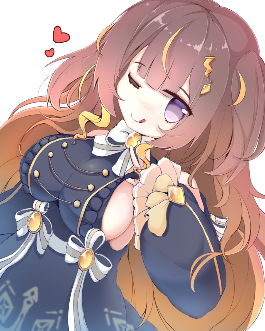 :p anya_melfissa breasts brown_hair commentary detached_sleeves dutch_angle h2505i321z hair_ornament heart highres hololive hololive_indonesia looking_at_viewer medium_breasts one_eye_closed sideboob simple_background tongue tongue_out violet_eyes virtual_youtuber