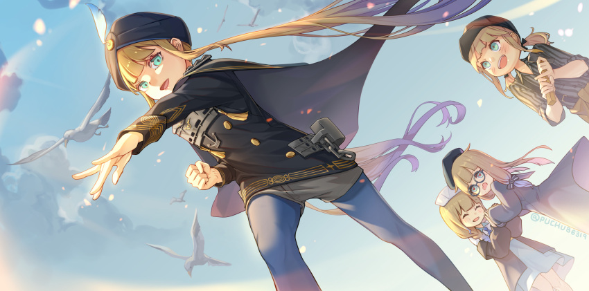 4others armor bangs beret bird black_bow black_jacket blonde_hair blue_dress blue_eyes blue_hair blue_legwear blue_sky bow braid breastplate cape captain_nemo_(fate/grand_order) chinese_commentary closed_mouth clouds commentary_request dress dutch_angle fate/grand_order fate_(series) from_below glasses gradient_hair grey_shorts hair_bow hat hat_feather heart heart-shaped_pupils highres holding_hands jacket leggings long_hair looking_at_another looking_at_viewer medium_hair military military_uniform multicolored_hair multiple_others multiple_persona nurse_cap open_mouth outdoors outstretched_arm puchu_huang round_eyewear seagull short_hair short_shorts shorts side_braid sidelocks sky smile symbol-shaped_pupils turban twitter_username uniform very_long_hair