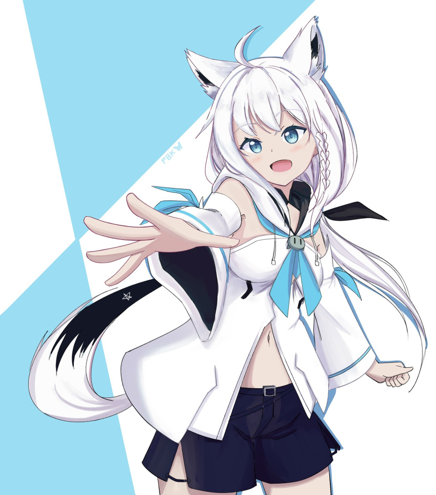 1girl ahoge animal_ear_fluff animal_ears bangs black_shorts blue_neckwear blush breasts detached_sleeves eyebrows_visible_through_hair fox_ears fox_girl fox_tail green_eyes hair_between_eyes highres hololive hood hoodie long_hair looking_at_viewer midriff navel neckerchief open_hand open_mouth outstretched_arm pentagram ryzel_sy shirakami_fubuki shorts sidelocks simple_background small_breasts solo tail white_hair white_hoodie