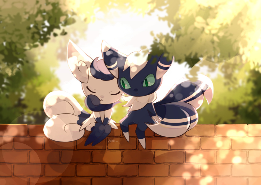 absurdres brick_wall closed_eyes closed_mouth commentary_request day foliage gen_6_pokemon green_eyes hands_on_lap highres kisa_(kisa-kisa5900) lens_flare looking_at_viewer meowstic meowstic_(female) meowstic_(male) outdoors pokemon pokemon_(creature) signature sitting white_fur