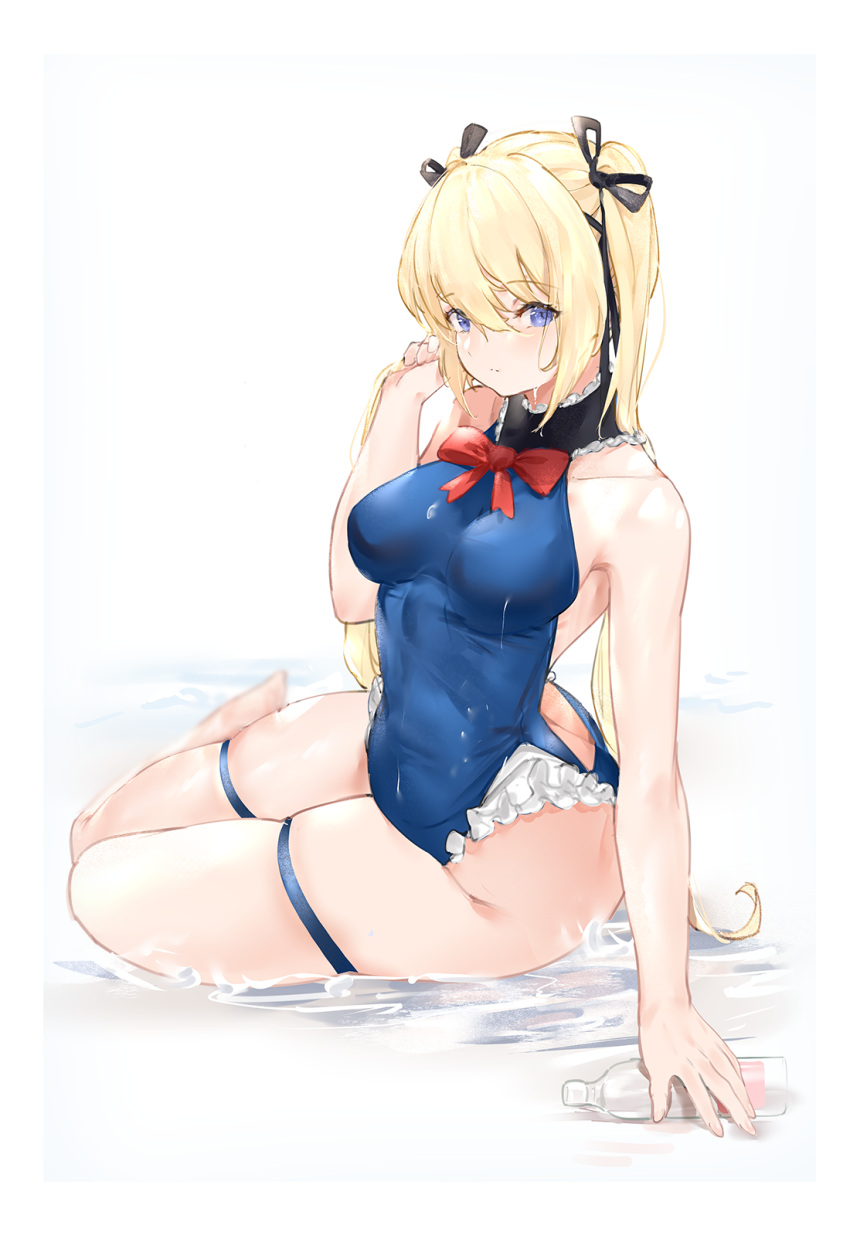 1girl azur_lane black_ribbon blonde_hair blue_eyes blue_swimsuit bottle bow bowtie breasts dead_or_alive eyebrows_visible_through_hair hair_between_eyes hair_ribbon highres large_breasts leg_garter long_hair looking_at_viewer majo_(pastamajo) marie_rose one-piece_swimsuit red_neckwear ribbon simple_background sitting solo swimsuit twintails white_background
