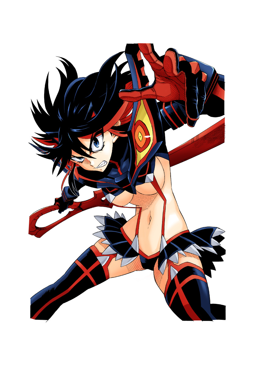 1girl absurdres black_gloves black_hair black_legwear blue_eyes clenched_teeth demi_(pixiv22036971) eyebrows_visible_through_hair eyes_visible_through_hair gloves hair_between_eyes hatching_(texture) highres holding holding_sword holding_weapon kill_la_kill matoi_ryuuko multicolored multicolored_clothes multicolored_gloves multicolored_hair navel red_gloves redhead scissor_blade senketsu simple_background solo sword teeth two-tone_gloves weapon white_background