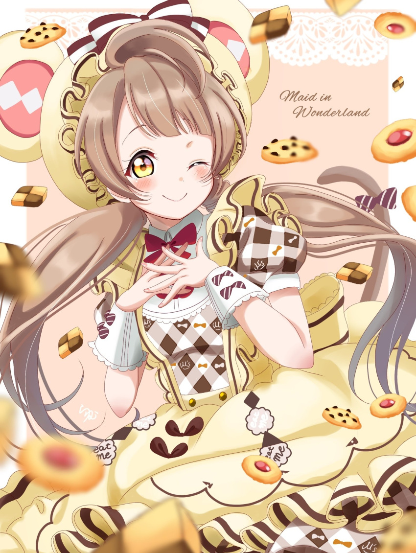 1girl ;) alternate_hairstyle arms_up back_bow bangs bare_arms blush bow brown_bow brown_hair cabbie_hat cat_tail closed_mouth commentary cookie dress food frilled_dress frills hat hat_bow highres interlocked_fingers long_hair looking_at_viewer love_live! minami_kotori necktie one_eye_closed one_side_up patterned_clothing plaid puffy_short_sleeves puffy_sleeves ranemu red_neckwear shiny shiny_hair short_sleeves smile solo striped striped_bow tail twintails upper_body white_bow wrist_cuffs yellow_dress yellow_eyes yellow_headwear