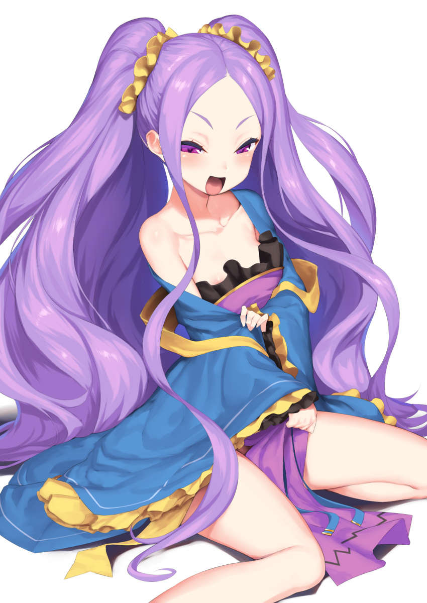1girl bangs bare_shoulders blush breasts chinese_clothes collarbone fate/grand_order fate_(series) forehead hair_ornament hair_scrunchie hakai_shin hanfu highres long_hair long_sleeves looking_at_viewer open_mouth parted_bangs purple_hair scrunchie shawl simple_background sitting small_breasts smile thighs very_long_hair violet_eyes wariza white_background wide_sleeves wu_zetian_(fate/grand_order) yellow_scrunchie