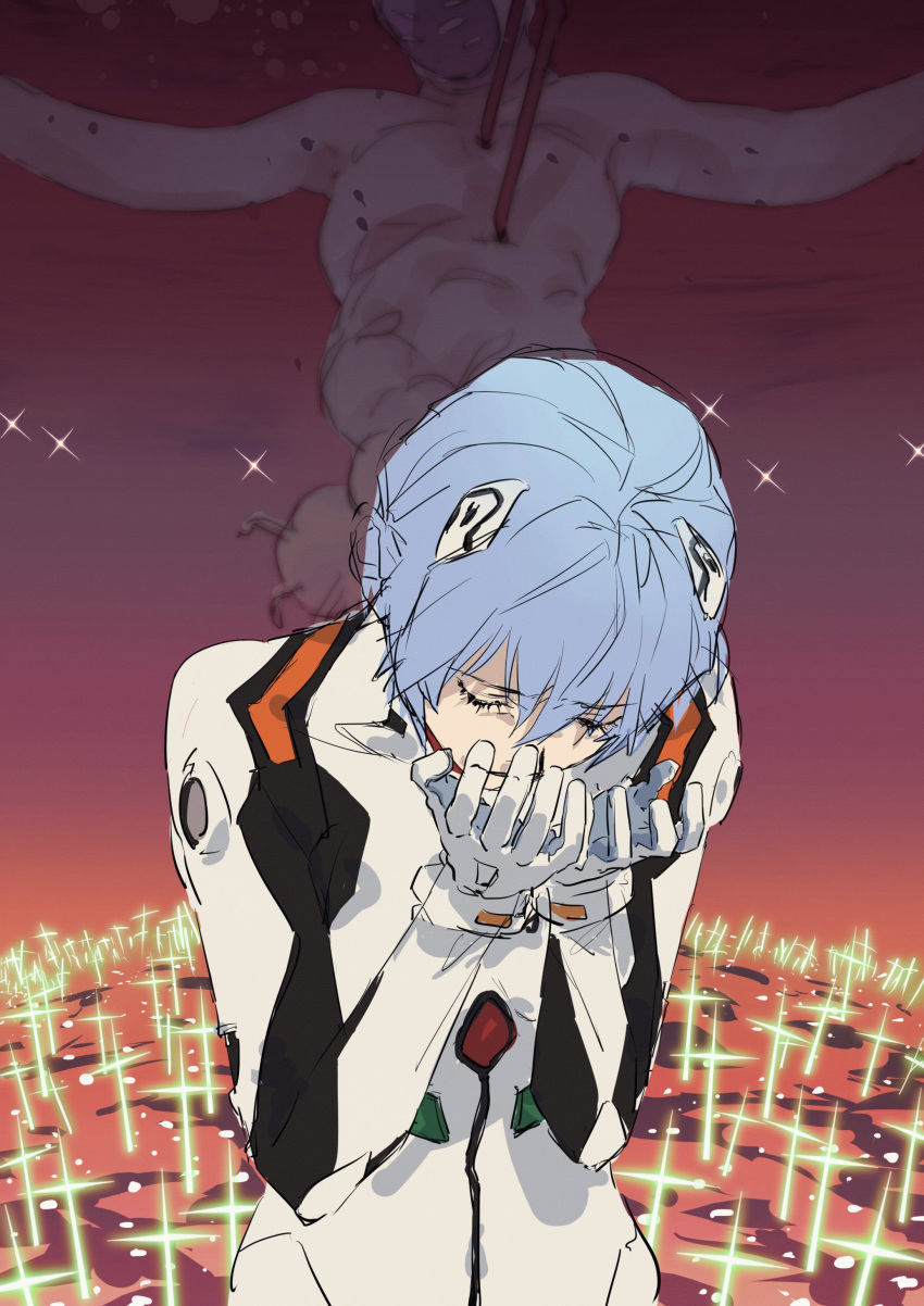 1girl absurdres ayanami_rei blue_hair bodysuit closed_eyes cross crucifixion hands_up highres impaled lance lance_of_longinus lilith_(evangelion) neon_genesis_evangelion plugsuit polearm red_background sankomichi short_hair solo spoilers weapon white_bodysuit