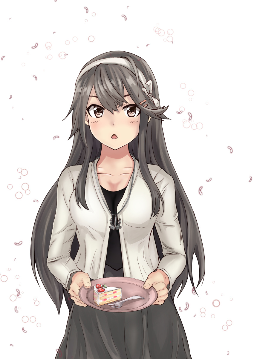 1girl absurdres alternate_costume black_hair black_shirt blush brown_eyes cake food fork grey_skirt hair_ornament hairband hairclip haruna_(kantai_collection) highres holding holding_plate jacket kantai_collection long_hair looking_at_viewer official_alternate_costume open_mouth petals plate shirt skirt solo tamura_searchlight upper_body white_background white_hairband white_jacket