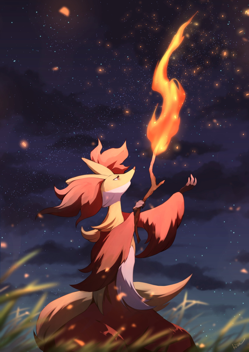 absurdres clouds commentary_request delphox eyelashes fire from_below from_side fur furry gen_6_pokemon grass hands_up highres holding holding_stick kisa_(kisa-kisa5900) looking_up night outdoors pokemon pokemon_(creature) sky solo standing star_(sky) stick