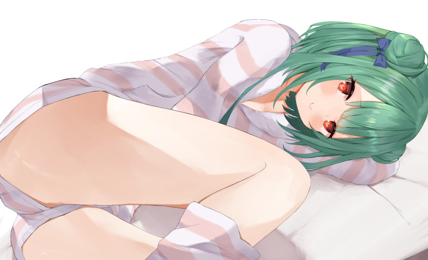 1girl absurdres bed blush check_commentary closed_mouth commentary_request double_bun eureka_814 foreshortening green_hair hair_ribbon highres hololive hood hoodie huge_filesize looking_at_viewer loose_socks lying on_bed on_side pink_hoodie red_eyes ribbon short_hair shorts simple_background smile solo striped striped_hoodie striped_legwear striped_shorts thighs uruha_rushia virtual_youtuber white_background white_hoodie