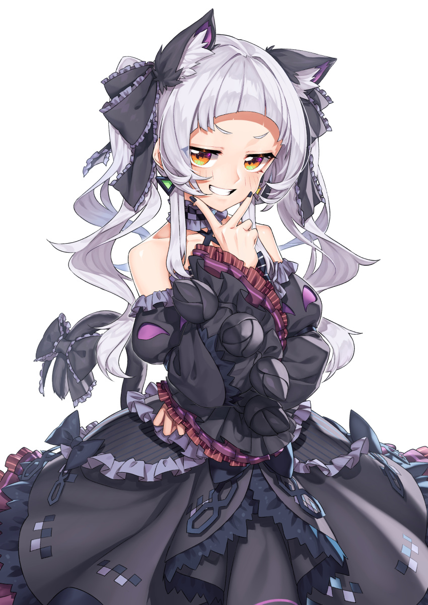 1girl absurdres animal_ear_fluff animal_ears bangs bare_shoulders black_bow black_dress black_nails black_ribbon blunt_bangs blush bow cat_ears cat_tail choker clenched_teeth collarbone commentary_request detached_sleeves dress fingernails gothic_lolita hair_ribbon highres hololive lolita_fashion looking_at_viewer murasaki_shion nail_polish neko7 orange_eyes ribbon silver_hair simple_background smile solo tail tail_bow tail_ornament teeth twintails virtual_youtuber white_background