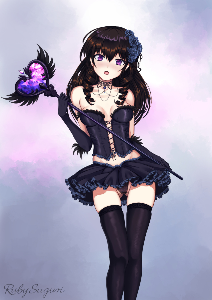 1girl artist_name black_hair breasts flower hair_flower hair_ornament highres long_hair looking_at_viewer open_mouth ruby_suguri simple_background solo thigh-highs violet_eyes