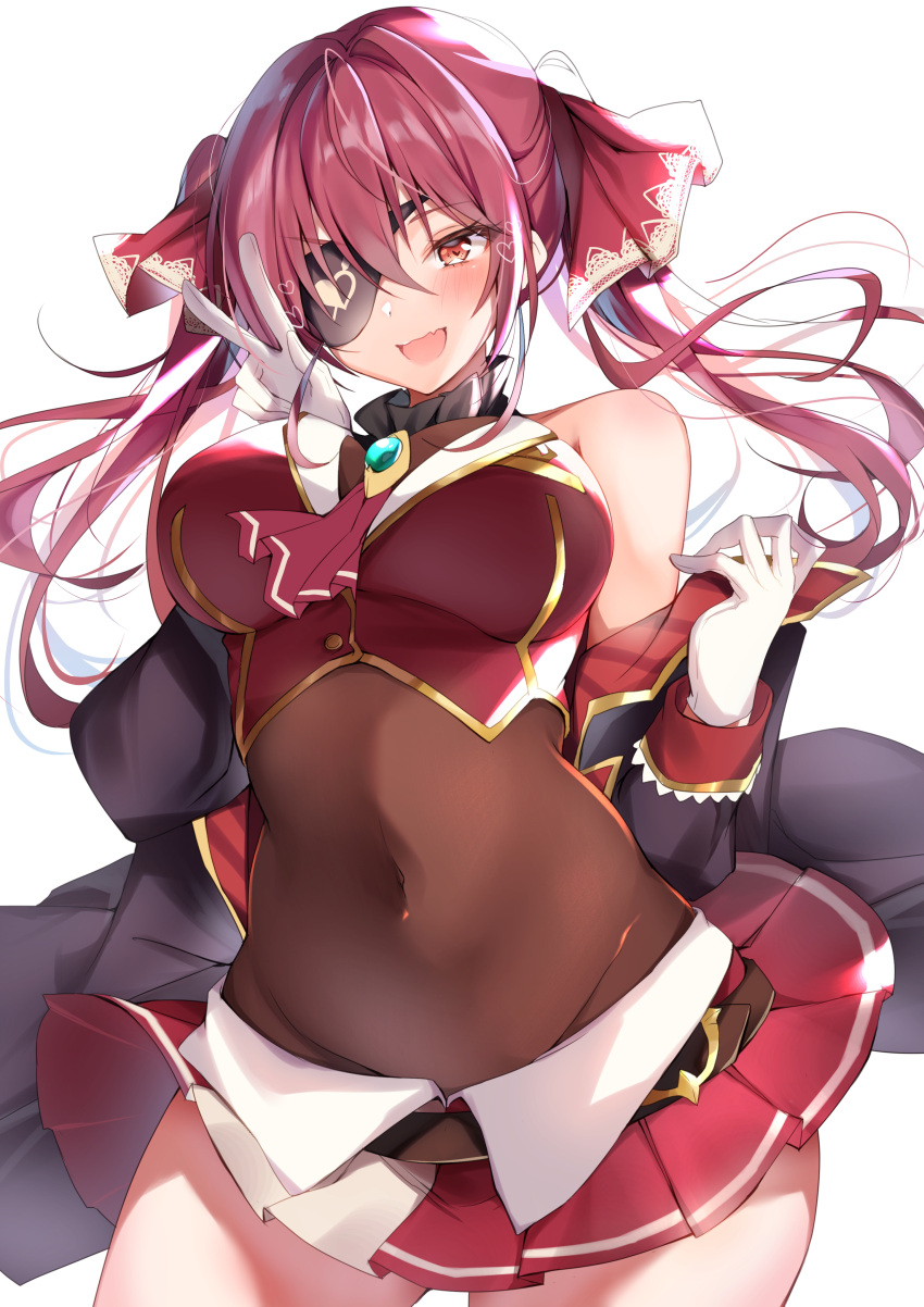 1girl absurdres bangs blush breasts brown_leotard chest_jewel choker covered_navel eyepatch fang frilled_choker frills gloves heart highres hololive houshou_marine jacket large_breasts leotard long_hair microskirt nenobi_(nenorium) pirate red_eyes redhead see-through skin_fang skirt solo thighs twintails v virtual_youtuber white_gloves
