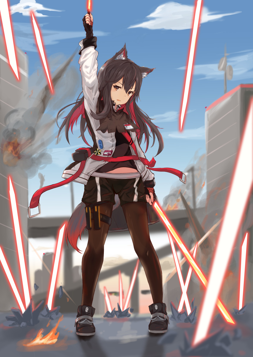 1girl absurdres animal_ear_fluff animal_ears arknights bangs black_footwear black_hair black_legwear black_shorts bridge brown_eyes city clouds clov3r commentary_request day dual_wielding eyebrows_visible_through_hair fingerless_gloves full_body gloves hair_between_eyes highres holding holding_sword holding_weapon id_card jacket long_hair long_sleeves looking_at_viewer multicolored_hair outdoors pantyhose penguin_logistics_logo redhead shirt shorts solo sword tail texas_(arknights) two-tone_hair weapon white_jacket wolf_ears