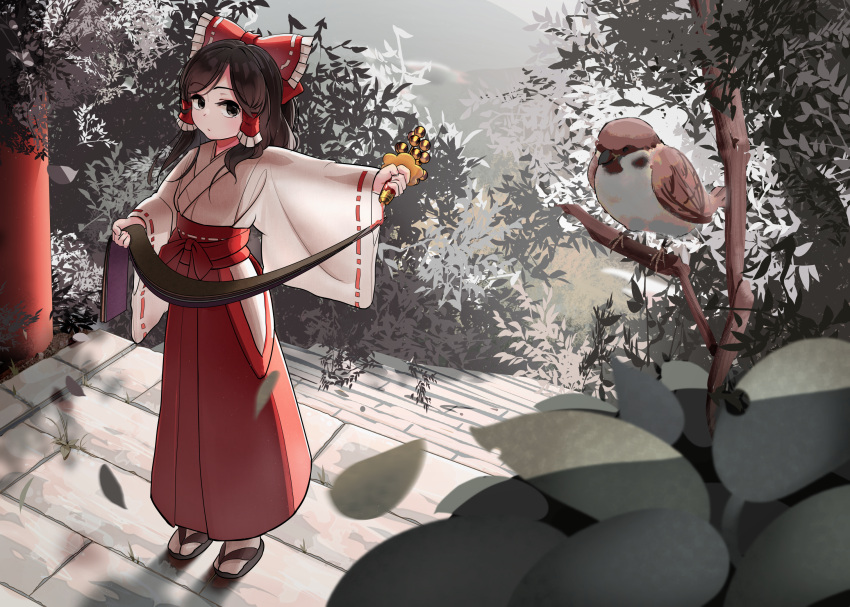 1girl adapted_costume bangs bird bow breasts brown_hair commentary_request falling_leaves from_above full_body hair_bow hair_tubes hakurei_reimu highres holding housulu japanese_clothes leaf long_hair looking_at_animal miko parted_bangs red_bow sandals sidelocks small_breasts socks solo sparrow stairs standing touhou tree white_robe