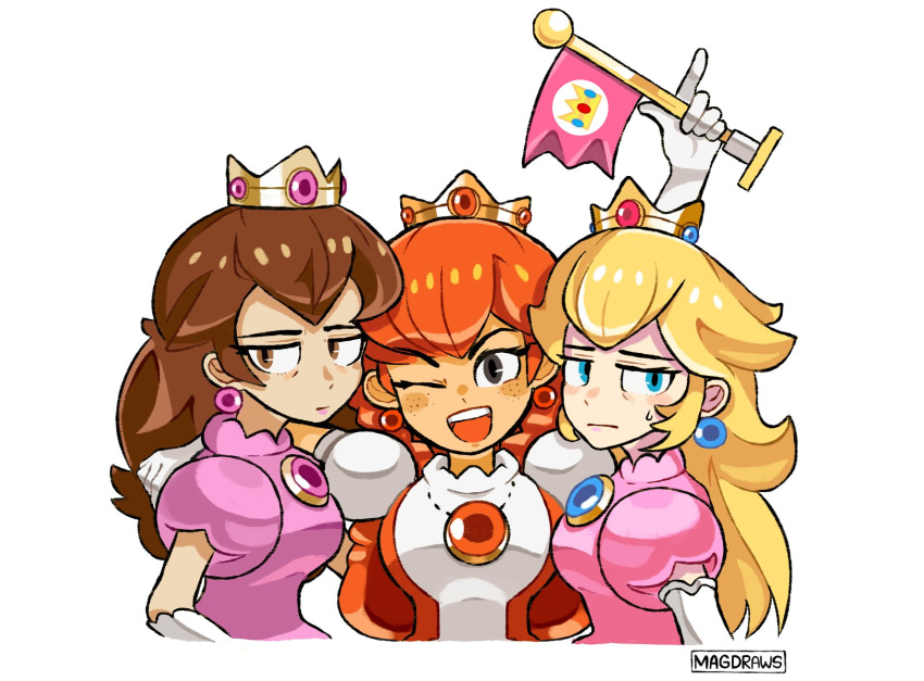 3girls annoyed blonde_hair blue_eyes breasts brown_eyes brown_hair crown dress english_commentary flag freckles grey_eyes highres holding holding_flag looking_to_the_side mag_(magdraws) super_mario_bros. medium_breasts multicolored multicolored_clothes multicolored_dress multiple_girls one_eye_closed orange_dress pink_dress princess_peach super_mario_bros. super_mario_bros._3 white_background white_dress