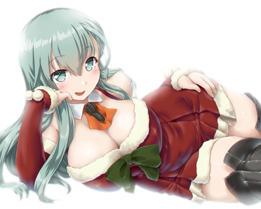 1girl breasts dd_(ijigendd) detached_sleeves dress fur-trimmed_dress fur-trimmed_sleeves fur_trim green_eyes green_hair highres kantai_collection large_breasts long_hair long_sleeves lying on_side red_dress red_sleeves santa_costume santa_dress short_dress solo suzuya_(kantai_collection) thigh-highs