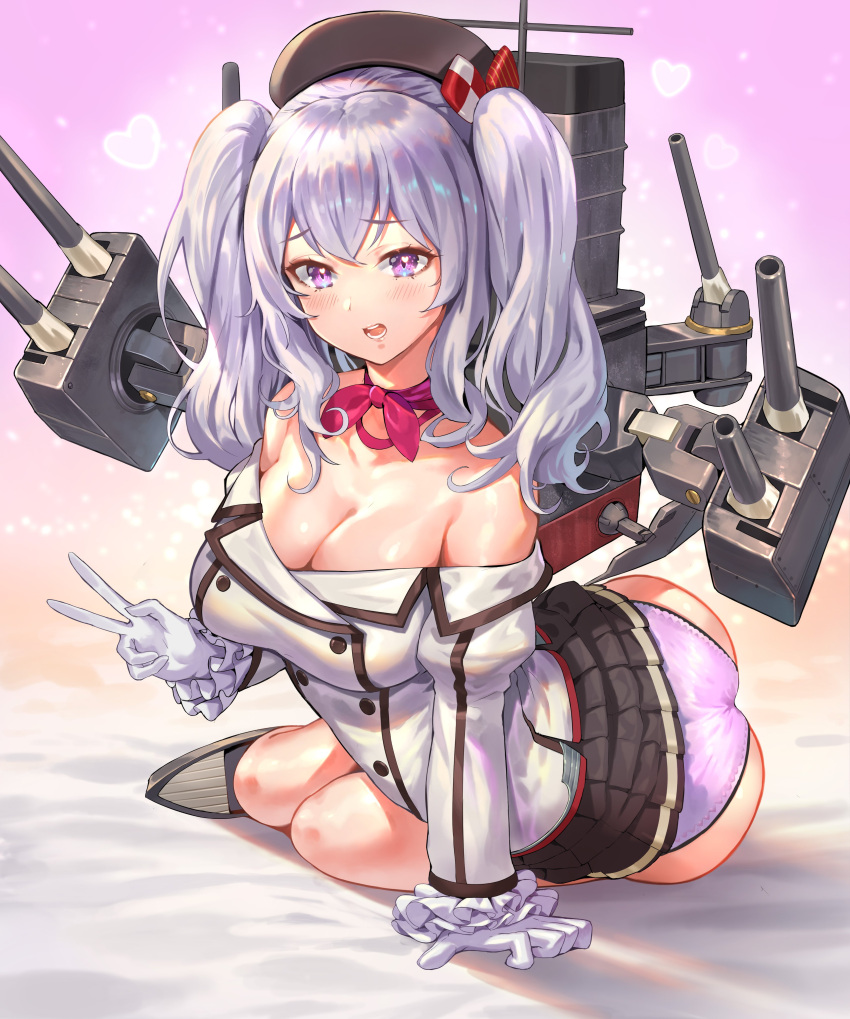1girl absurdres ass beret blue_eyes breasts gloves grey_footwear groin hair_ribbon hat heart highres jacket kantai_collection kashima_(kantai_collection) large_breasts looking_at_viewer mikumo_(lpmkookm) miniskirt neckerchief off_shoulder panties pink_panties ribbon shoes silver_hair sitting skirt turret two_side_up underwear v white_gloves