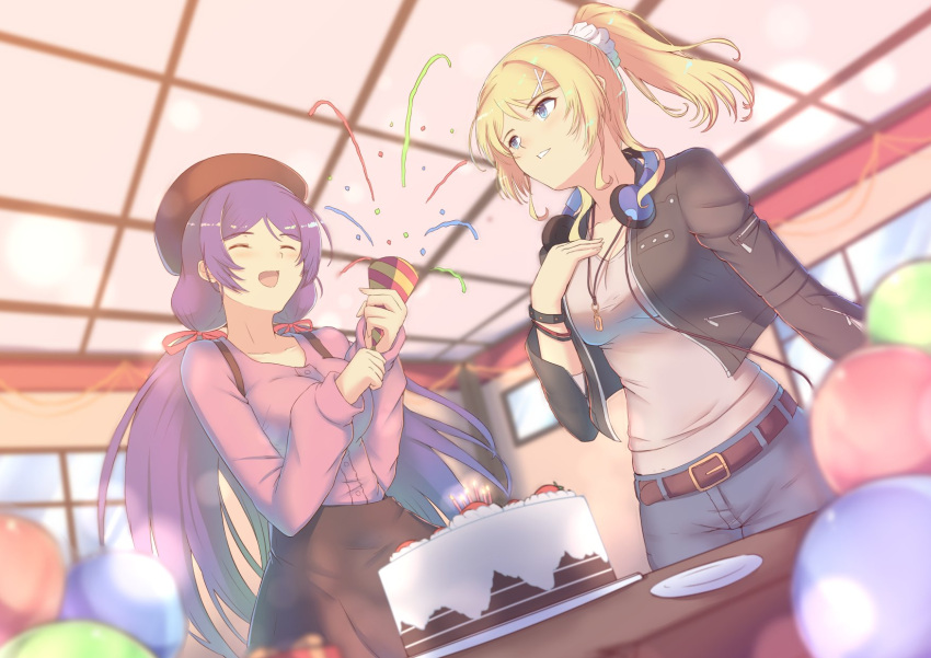 2girls aqua_eyes ayase_eli belt beret birthday birthday_party black_jacket black_skirt blonde_hair blue_eyes breasts cake cat_with_a_brush commission denim earrings food hair_ribbon hat headphones high_ponytail highres indoors jacket jewelry long_hair love_live! love_live!_school_idol_project low_twintails medium_breasts multiple_girls necklace party_popper pink_ribbon ponytail purple_hair purple_shirt ribbon shirt skirt suspender_skirt suspenders table toujou_nozomi twintails white_shirt
