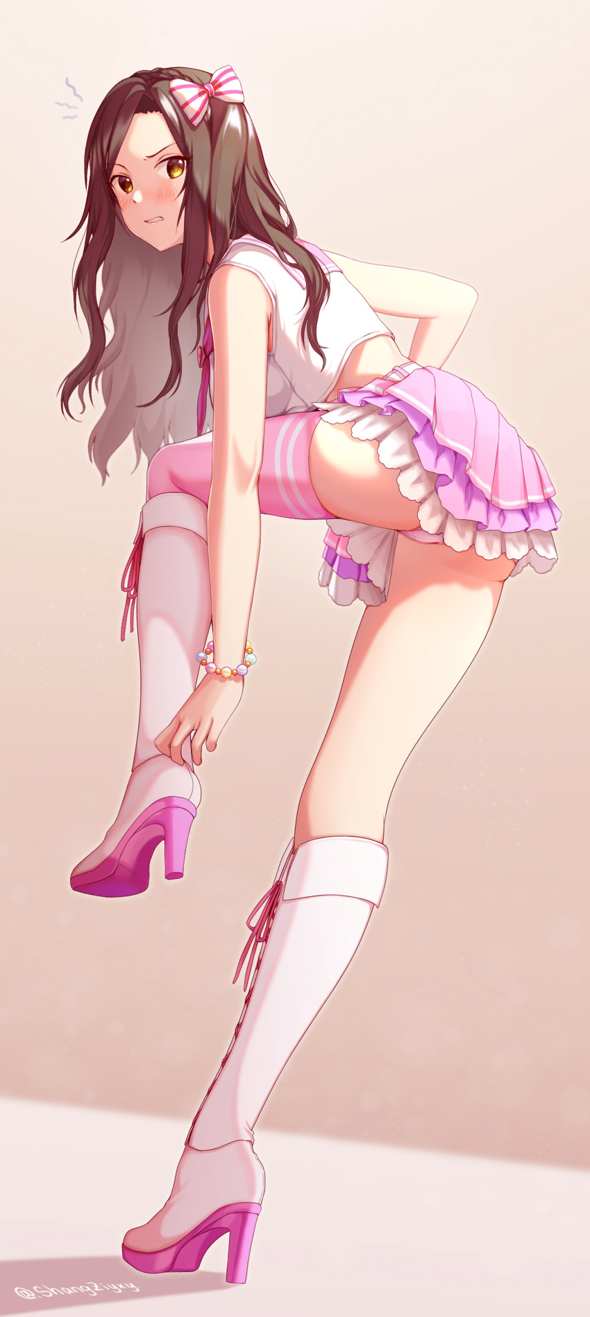 1girl absurdres blush boots bow bracelet breasts brown_eyes brown_hair embarrassed frilled_skirt frills hair_bow high_heel_boots high_heels highres idolmaster idolmaster_cinderella_girls jewelry knee_boots large_breasts leg_up long_hair looking_back midriff mukai_takumi panties pink_background pink_legwear pink_panties pink_skirt pleated_skirt sailor_collar shangziyxy shirt single_thighhigh skirt solo striped striped_bow thigh-highs twitter_username underwear white_bow white_footwear white_shirt