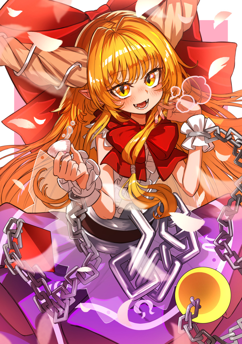 1girl =3 absurdres alcohol bangs belt black_belt blush bow bowtie buttons center_frills chain cube cuffs cup eyebrows_visible_through_hair fangs frilled_cuffs frills fuji_tarawi hair_bow hair_ribbon hands_up highres holding holding_cup horn_ornament horn_ribbon horns ibuki_suika large_bow long_hair looking_at_viewer neckerchief oni_horns open_mouth orange_eyes orange_hair petals pink_nails pointy_ears purple_skirt pyramid_(geometry) red_bow red_neckwear ribbon sakazuki sake shackles shirt sidelocks skirt sleeveless sleeveless_shirt slit_pupils solo sphere tongue torn_clothes torn_sleeves touhou tress_ribbon very_long_hair white_ribbon white_shirt wrist_cuffs yellow_eyes