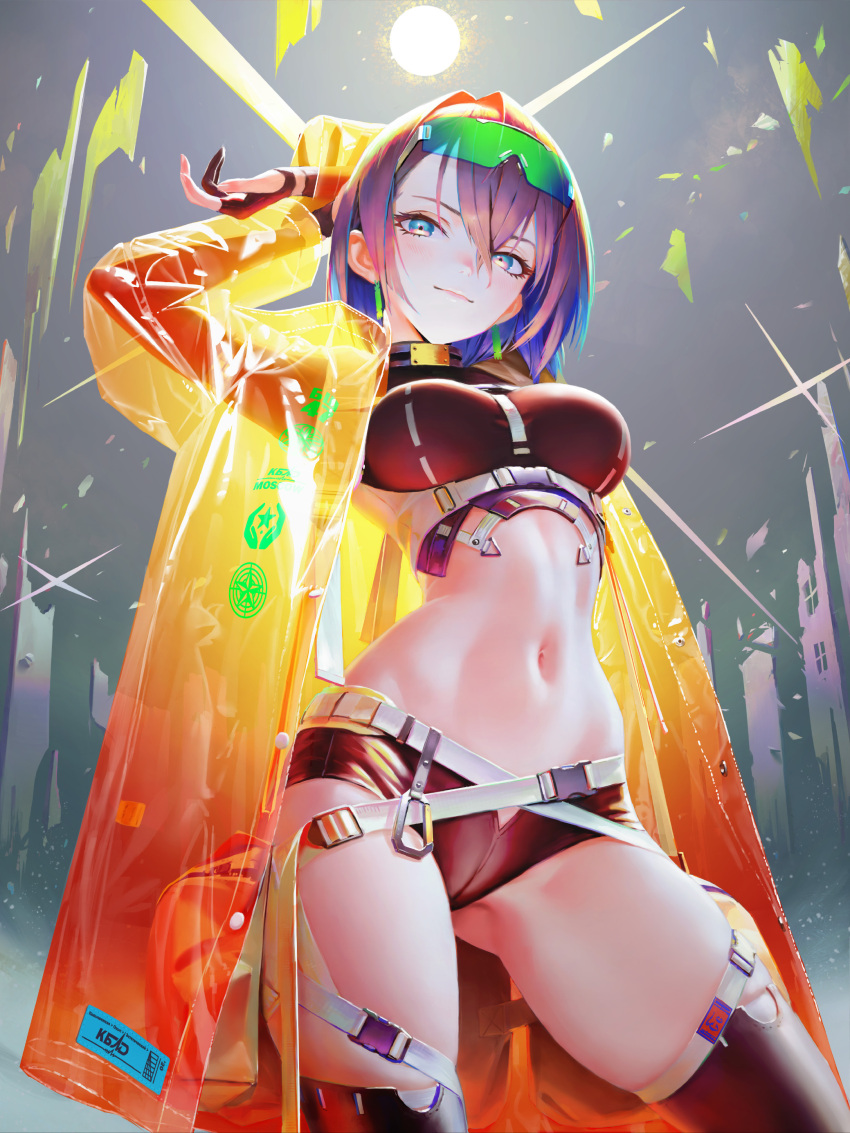 1girl absurdres arata_yokoyama arms_behind_head blue_eyes blush breasts brown_hair crop_top earrings eyelashes eyewear_on_head gloves highres jewelry light_smile looking_at_viewer medium_breasts micro_shorts navel original partially_fingerless_gloves pouch raincoat see-through short_hair shorts solo strap sunglasses sunlight thigh-highs thighs