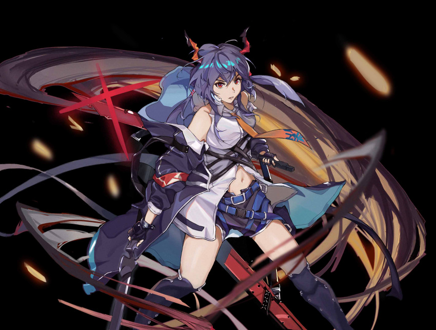 1girl arknights bangs bare_shoulders belt black_background black_gloves black_shorts blue_belt blue_hair blue_jacket ch'en_(arknights) chi_xiao_(arknights) commentary dragon_horns feet_out_of_frame fingerless_gloves gloves grey_shirt hair_between_eyes highres holding holding_sword holding_weapon horns jacket long_hair looking_at_viewer navel necktie off_shoulder open_clothes open_jacket red_eyes shirt short_shorts shorts simple_background sleeveless sleeveless_shirt solo standing strenight sword tail thighs weapon