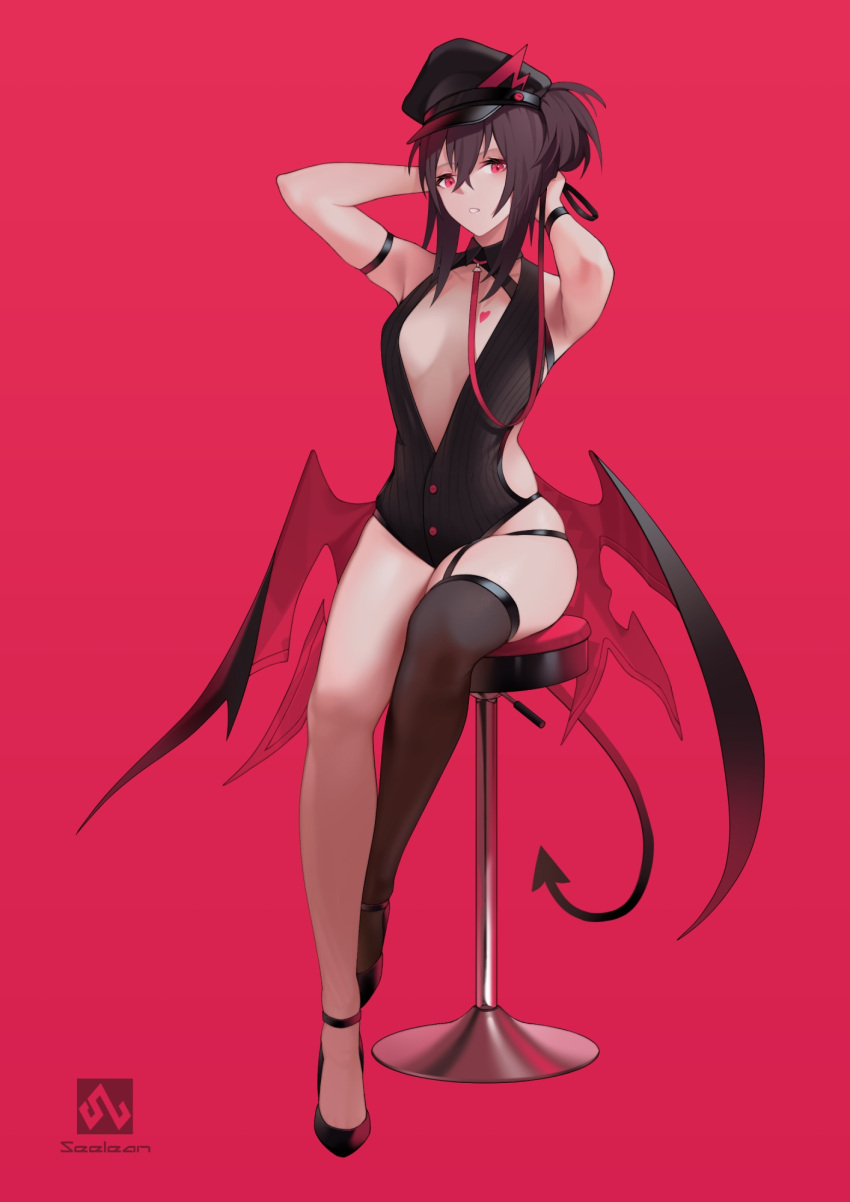 1girl arm_strap bar_stool brown_hair center_opening commentary_request demon_girl demon_tail demon_wings hands_on_own_head hat high_heels highres leash looking_at_viewer original parted_lips peaked_cap red_background red_eyes seelean single_thighhigh sitting skindentation solo stool succubus tail thigh-highs wings wrist_straps
