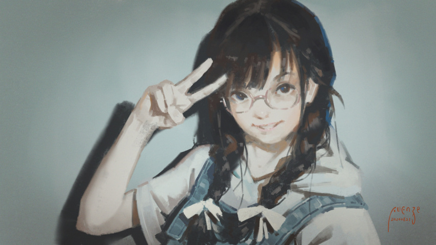 1girl bangs braid brown_hair commentary_request dated glasses hair_ribbon highres hood hood_down hoodie long_hair looking_at_viewer making-of_available original overalls ribbon short_sleeves signature smile solo twin_braids twintails upper_body v white_hoodie white_ribbon xiaobanbei_milk