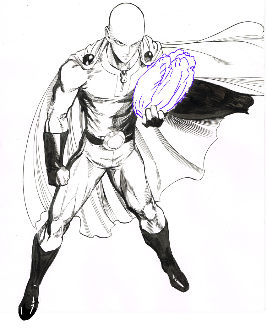 1boy absurdres bald belt bodysuit boots cabbage cape clenched_hand closed_mouth floating_cape full_body greyscale highres holding lettuce looking_at_viewer monochrome murata_yuusuke official_art one-punch_man saitama_(one-punch_man) scan simple_background standing traditional_media white_background