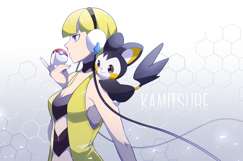 1girl absurdres bangs black_choker blonde_hair blue_eyes blunt_bangs character_name choker commentary_request elesa_(pokemon) emolga eyelashes gen_5_pokemon grey_background gym_leader headphones highres holding holding_poke_ball kisa_(kisa-kisa5900) poke_ball poke_ball_(basic) pokemon pokemon_(creature) pokemon_(game) pokemon_bw pokemon_on_arm shiny shiny_hair short_hair upper_body