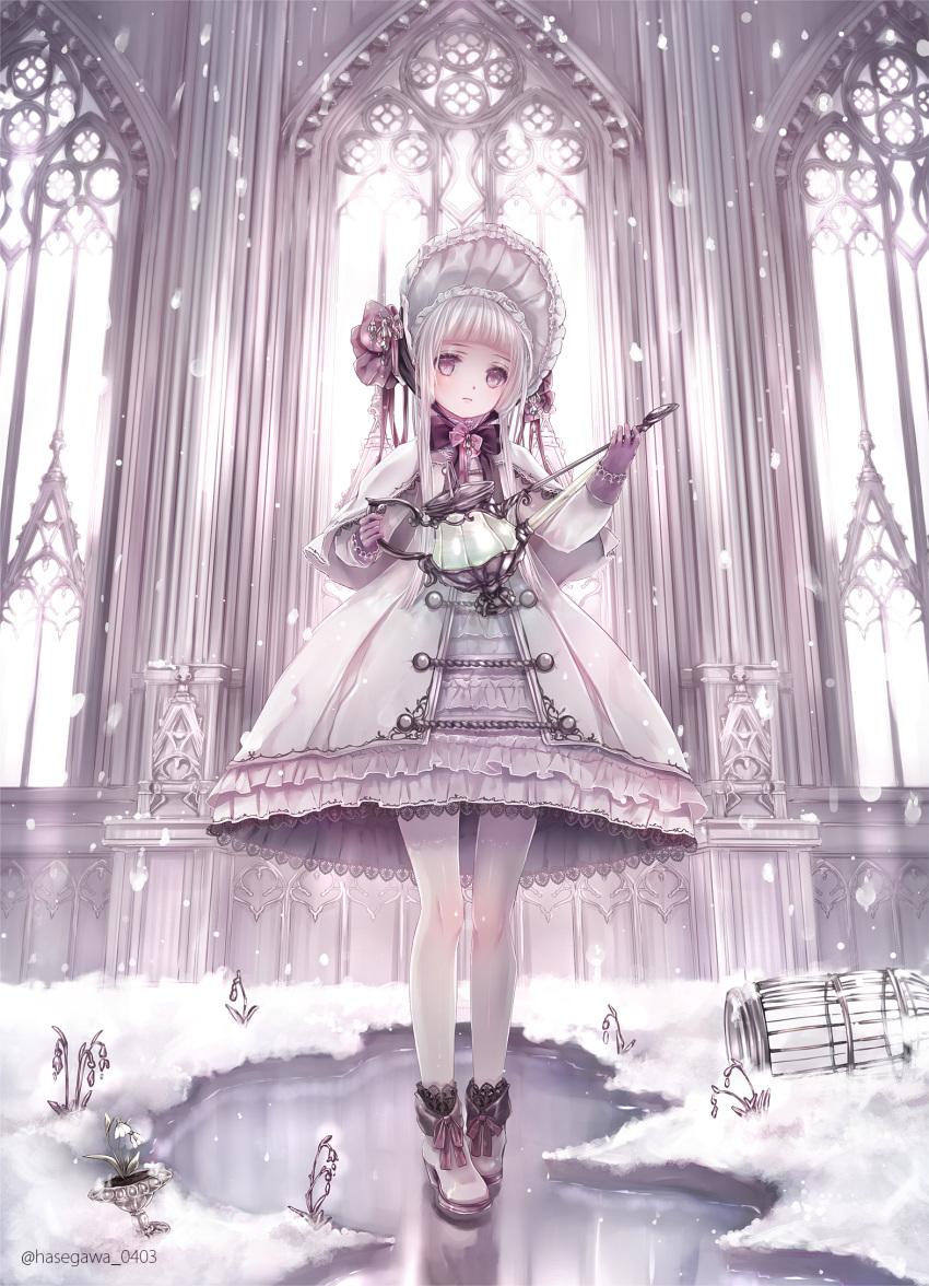1girl bangs bonnet boots bow capelet closed_mouth commentary dress flower full_body gloves grey_eyes grey_footwear hane_segawa hat hat_bow high_heel_boots high_heels highres holding ice lace-trimmed_dress lace_trim lolita_fashion long_sleeves looking_at_viewer original pantyhose purple_bow purple_gloves snow snowdrop_(flower) snowing solo standing symbol_commentary twitter_username watering_can white_capelet white_dress white_flower white_headwear white_legwear window