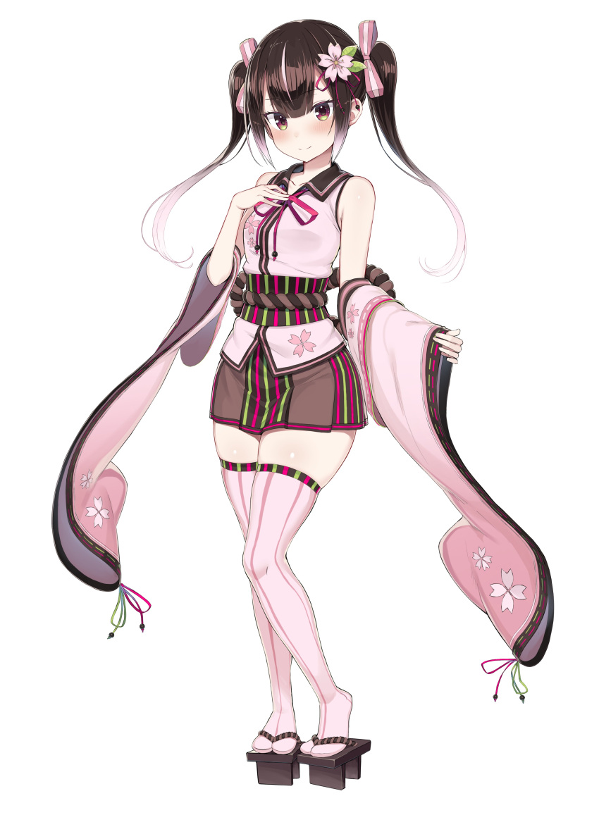 1girl absurdres brown_eyes brown_hair character_request collarbone copyright_request detached_sleeves eyebrows_visible_through_hair full_body greatmosu hand_on_own_chest highres long_hair multicolored_hair pink_hair pink_legwear solo thigh-highs twintails two-tone_hair