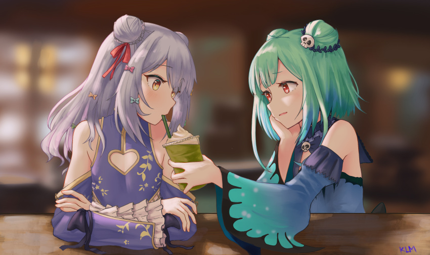 1boy 1girl absurdres bangs bare_shoulders blush bow cleavage_cutout clothing_cutout commentary_request cup detached_sleeves disposable_cup double_bun drinking drinking_straw earrings eyebrows_visible_through_hair green_hair hair_between_eyes hair_bow hair_ornament highres hololive inuyama_tamaki jewelry jtleeklm long_hair long_sleeves looking_at_another noripro open_mouth otoko_no_ko red_eyes revision shared_food short_hair skull_hair_ornament smile upper_body uruha_rushia virtual_youtuber