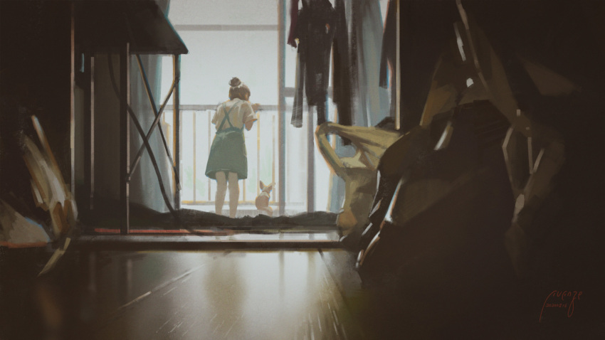 1girl animal balcony commentary_request dated floor fox from_behind hair_bun highres indoors making-of_available original overall_skirt railing short_sleeves signature white_legwear xiaobanbei_milk