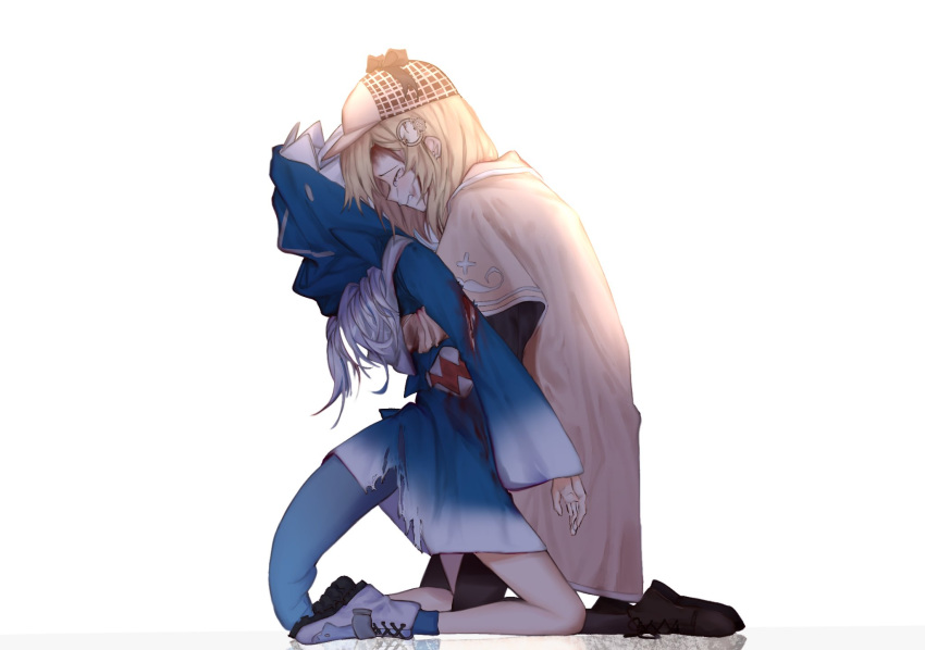 2girls animal_hood bangs blonde_hair blood blue_hair blue_hoodie capelet closed_eyes crying death deerstalker enot fish_tail gawr_gura hat highres hololive hololive_english hood hoodie hug kneeling multicolored_hair multiple_girls shark_hood shark_tail short_hair silver_hair streaked_hair symbol_commentary tail torn_clothes virtual_youtuber watson_amelia white_background