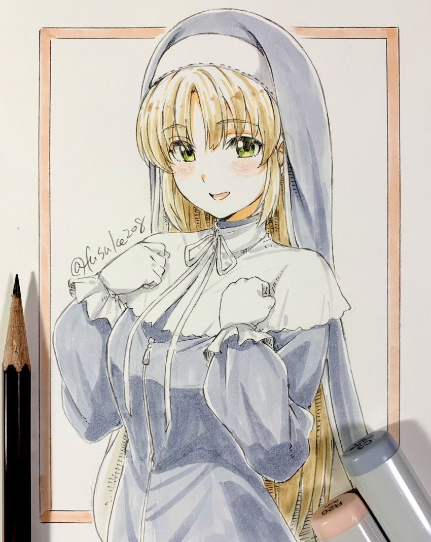 1girl artist_name blonde_hair blush clenched_hands fuusuke_(fusuke208) gloves graphite_(medium) green_eyes habit hands_on_own_chest highres long_hair looking_at_viewer marker marker_(medium) nijisanji nun open_mouth parted_hair pencil photo_(medium) sister_cleaire smile solo traditional_media very_long_hair virtual_youtuber white_gloves