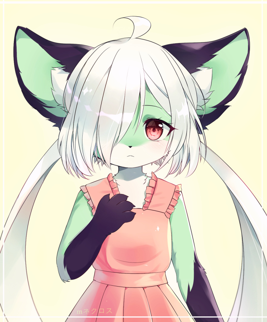 1girl :&lt; ahoge animal_ear_fluff animal_ears artist_name bangs blush border child claws closed_mouth commentary dress english_commentary expressionless flat_chest furry grey_hair hair_over_one_eye hand_up highres light_blush long_hair looking_at_viewer methynecros original outside_border paws pink_dress red_eyes shiny shiny_hair simple_background sleeveless sleeveless_dress solo standing tied_hair translated twintails upper_body watermark white_border yellow_background