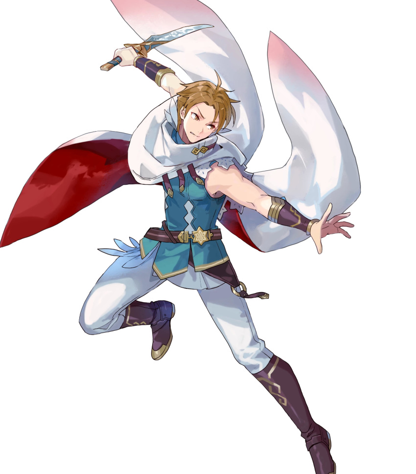 1boy 1man attacking belt blonde_hair blue_clothes boots brown_eyes cape determined fire_emblem fire_emblem_heroes greaves knight muscular smile white_cape
