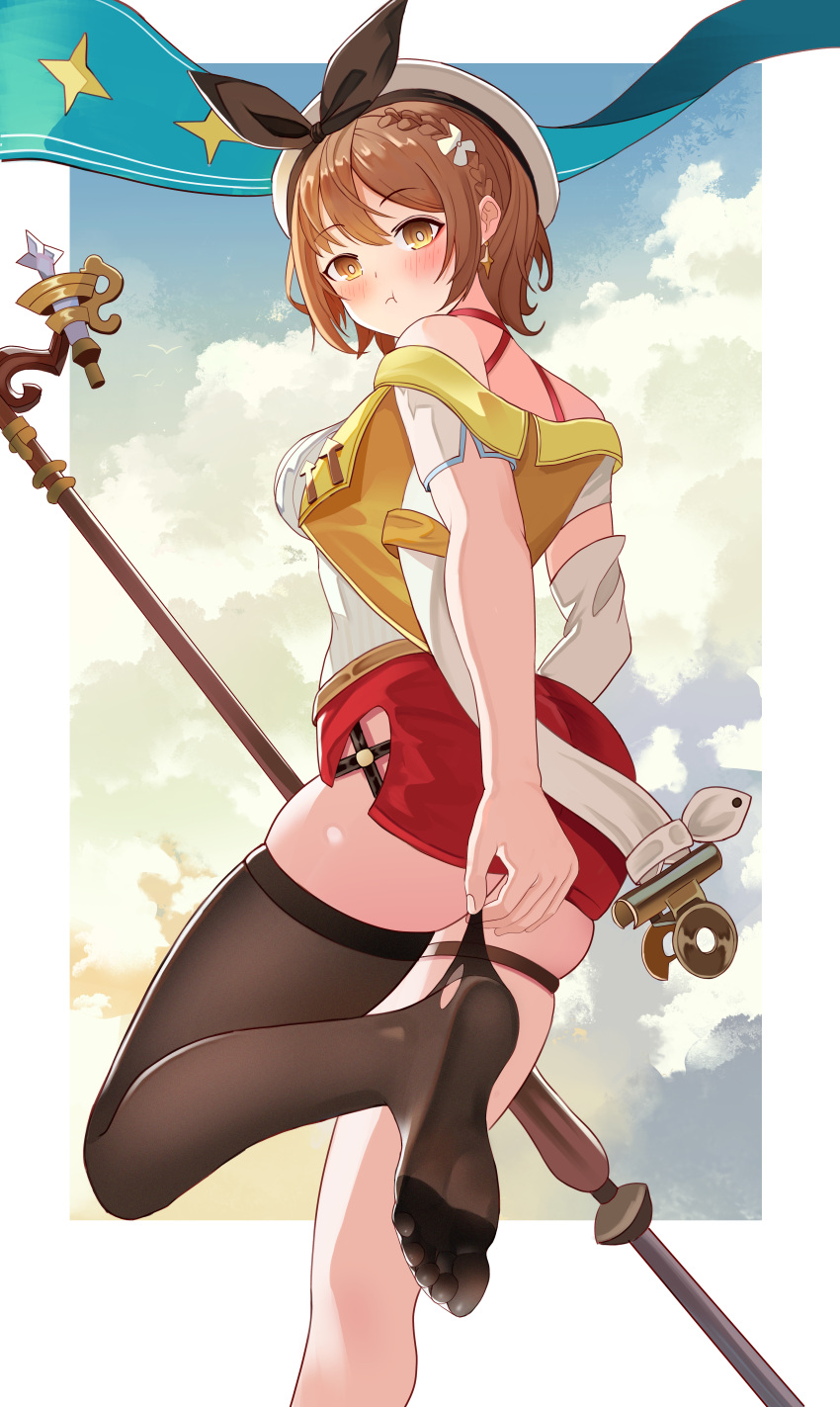 1girl absurdres ass atelier_(series) atelier_ryza bare_shoulders beret black_legwear black_ribbon breasts brown_eyes brown_hair commentary_request earrings hat hat_ribbon he_c92 highres huge_filesize jewelry large_breasts no_shoes reisalin_stout ribbon short_hair single_thighhigh skindentation solo staff standing standing_on_one_leg thigh-highs thigh_strap white_headwear
