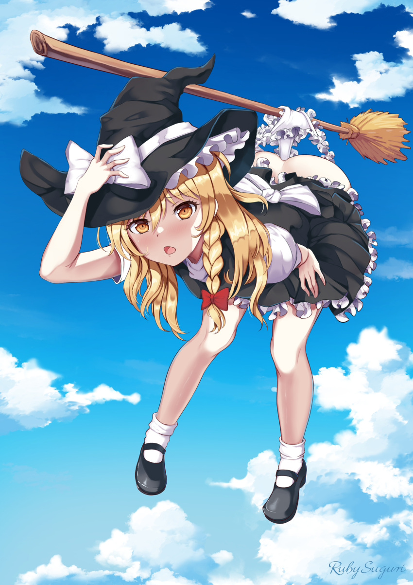 1girl artist_name ass back_bow bent_over black_dress black_footwear black_headwear blonde_hair blush bobby_socks bow braid broom broom_riding clouds cloudy_sky commentary_request day dress flying frilled_panties frills full_body gradient_sky hair_between_eyes hair_bow hand_on_headwear hand_on_thigh hat hat_bow highres kirisame_marisa long_hair mary_janes open_mouth panties petticoat puffy_short_sleeves puffy_sleeves red_bow ruby_suguri shoes short_sleeves single_braid sky socks solo touhou underwear wedgie white_bow white_legwear white_panties witch_hat yellow_eyes