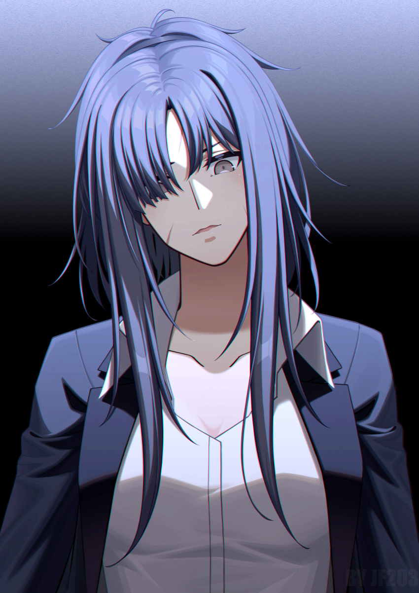 1girl absurdres angelia_(girls_frontline) artist_name blazer blue_hair blue_jacket collarbone eyebrows_visible_through_hair girls_frontline grey_eyes hair_between_eyes highres jacket jiafei2o3 long_hair looking_at_viewer one_eye_covered open_clothes open_jacket open_mouth scar scar_on_face shirt simple_background solo white_shirt