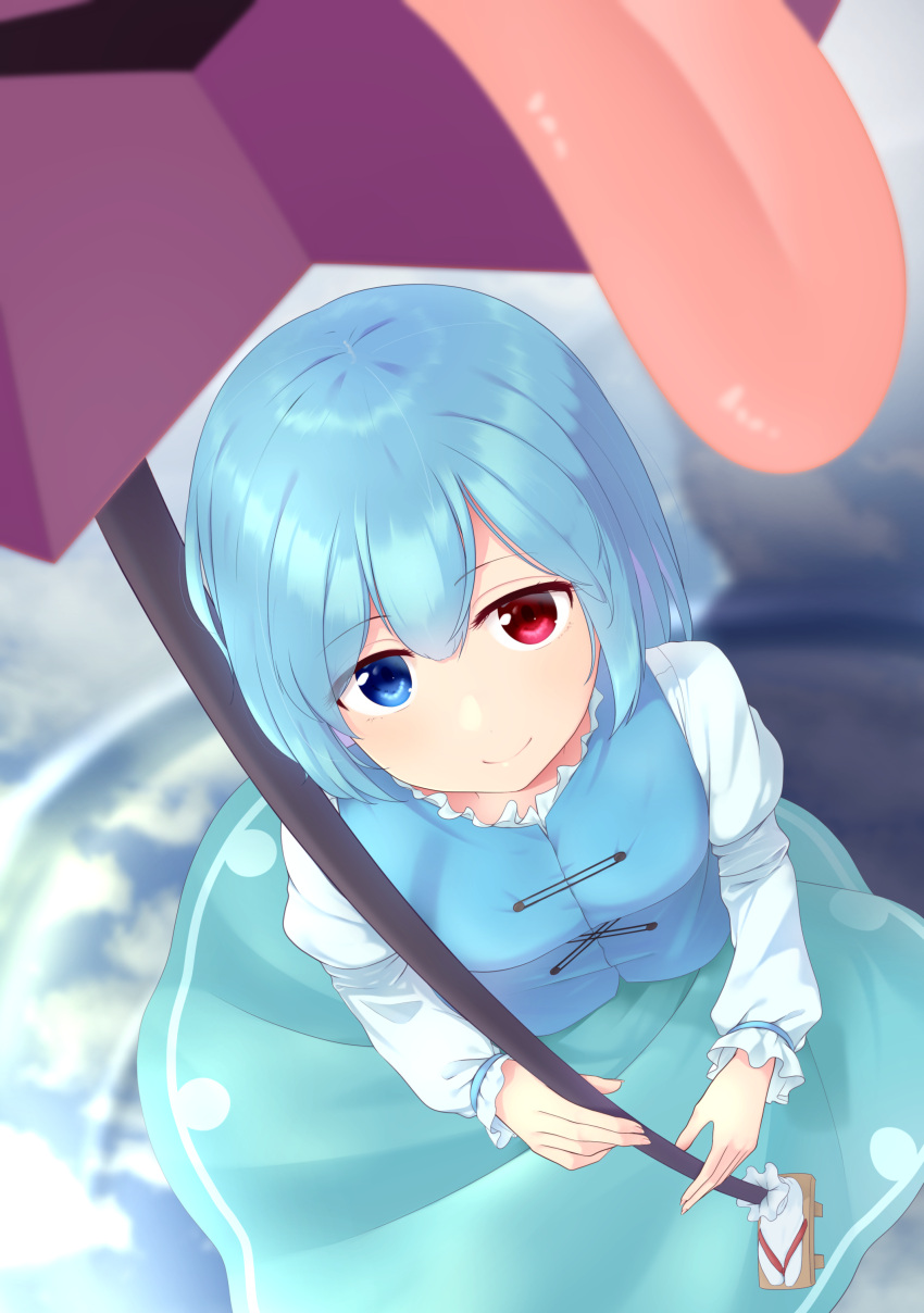 1girl absurdres aqua_skirt blue_eyes blue_hair blue_vest blurry_foreground blush breasts closed_mouth clouds cloudy_sky cross-laced_clothes fisheye from_above geta heterochromia highres holding holding_umbrella juliet_sleeves kanpa_(campagne_9) karakasa_obake long_sleeves looking_at_viewer medium_breasts puffy_sleeves purple_umbrella red_eyes reflection shirt short_hair skirt sky smile socks solo standing tatara_kogasa tongue touhou umbrella vest water white_shirt