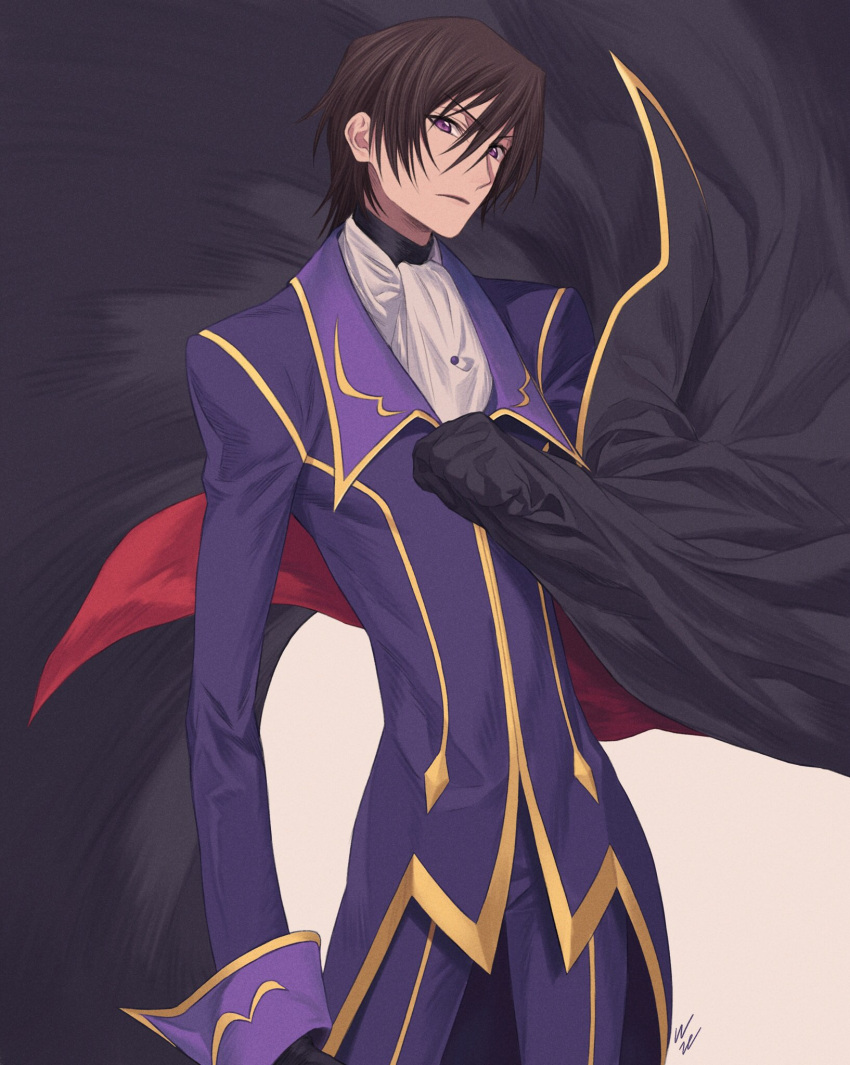 1boy artist_name ascot bangs black_cape black_gloves blue_jacket blue_pants brown_hair cape clenched_hand code_geass cowboy_shot eyebrows_visible_through_hair gloves hair_between_eyes hand_up highres jacket lelouch_lamperouge looking_at_viewer male_focus open_mouth pants short_hair sidelocks signature simple_background solo two-sided_fabric v-shaped_eyebrows violet_eyes white_background white_neckwear wozue