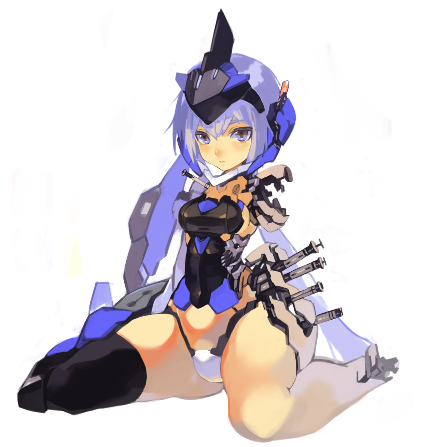 1girl absurdres android blue_eyes blue_hair blush breasts cyborg damaged frame_arms_girl headgear highres humanoid_robot long_hair looking_at_viewer mecha_musume mechanical_arm mechanical_legs mechanical_parts medium_breasts puribate_(helgoland) shiny shiny_hair shiny_skin simple_background sitting solo stylet thighs twintails wariza white_background