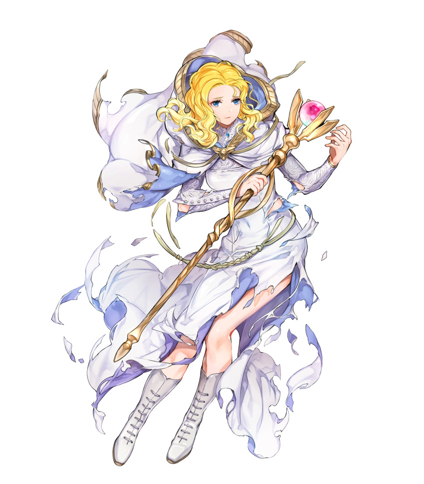 1girl bangs blonde_hair blue_eyes boots breasts cape closed_mouth dress fire_emblem fire_emblem:_the_sacred_stones fire_emblem_heroes full_body highres holding hood itou_misei knee_boots long_dress long_hair long_sleeves looking_away medium_breasts natasha_(fire_emblem) official_art parted_bangs shiny shiny_hair shiny_skin skirt solo staff torn_cape torn_clothes torn_skirt transparent_background white_footwear