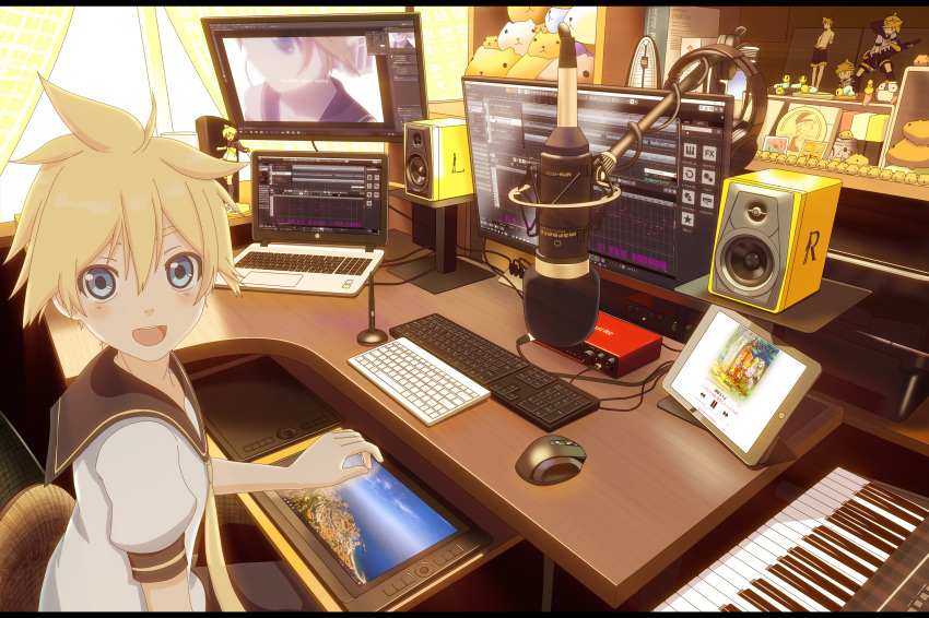 1boy black_collar blonde_hair blue_eyes collar commentary computer desk drawing_tablet figure highres hirobakar indoors instrument kagamine_len keyboard_(computer) keyboard_(instrument) keytar laptop looking_at_viewer male_focus merchandise metronome microphone mouse_(computer) necktie open_mouth room sailor_collar school_uniform shirt short_sleeves sitting smile solo speaker spiky_hair stuffed_toy tablet_pc vocaloid white_shirt wireless_mouse yellow_neckwear